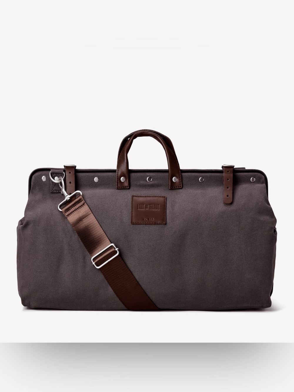 NWOT LINE OF TRADE Canvas Weekender Bag Grey and Brown Leather Large